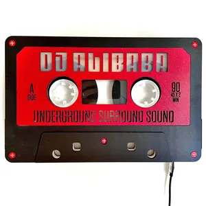 A wooden cassette tape art piece with LED lights.