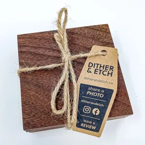 Solid wood coasters bundles together with twine.
